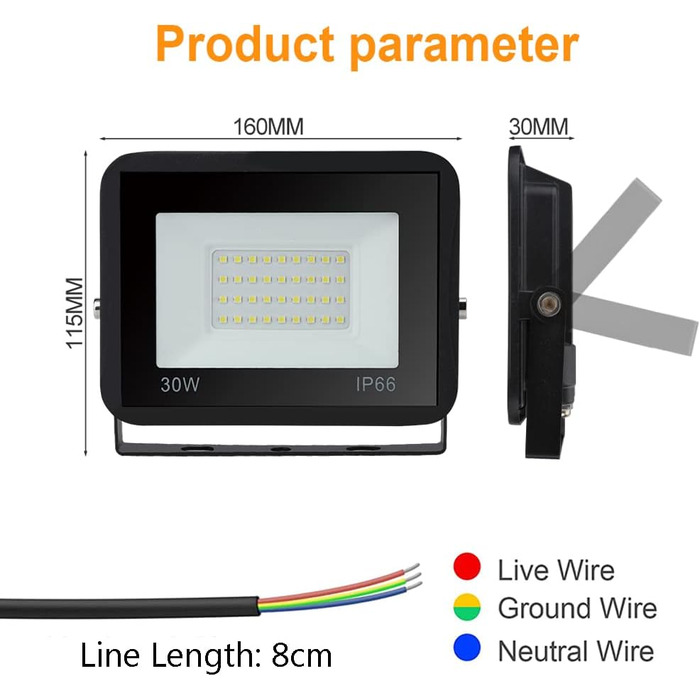 LED прожектор для вулиці та приміщень, 2 шт, 30W, IP66, 8500 Лм, холодне біле світло 6000K, водонепроникний, широкий кут 120°, суперяскравий світильник для фасаду та двору