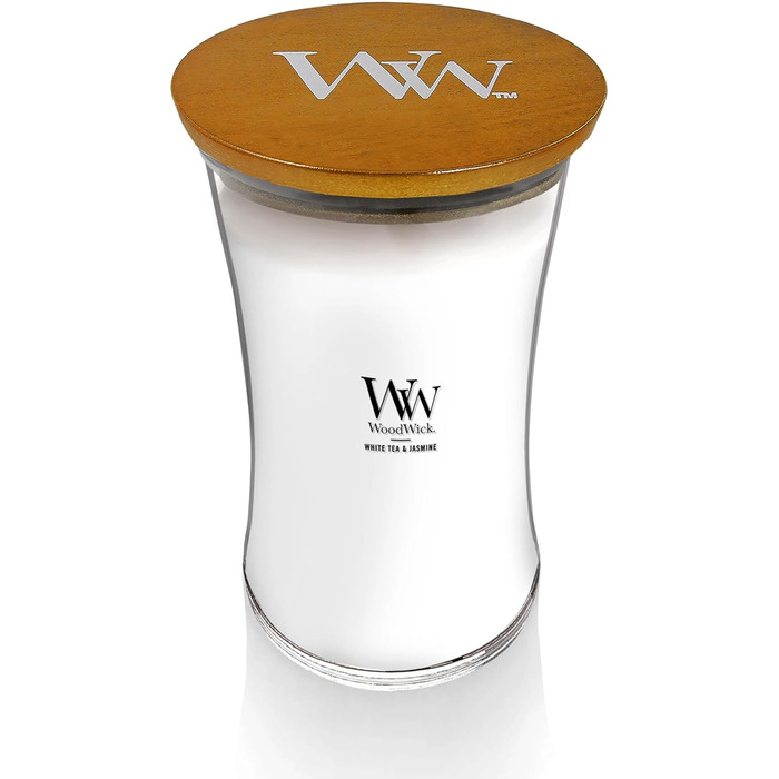 Велика ароматична свічка WoodWick у скляній колбі-пісочному годиннику з дерев'яним гнотом, аромат Льон, до 130 годин горіння