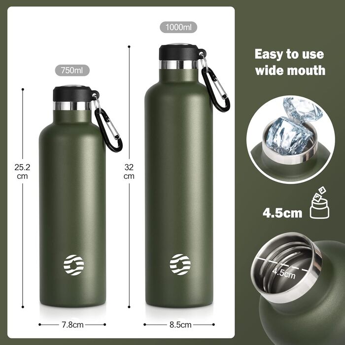 Термос-бутилка FEIJIAN FJbottle 316 з нержавіючої сталі, вакуумна, 1000 мл, з карабіном, BPA-free, спортивна, герметична, темно-зелена – для спорту, роботи та подорожей