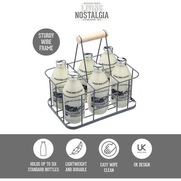 Металевий кошик KitchenCraft для 6 пляшок, сірий, 29x20x13 см – органайзер для молочних та винних пляшок, ретро стиль