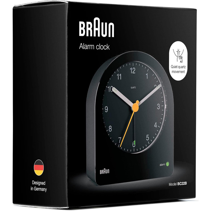 Braun Classic будильник аналоговий з підсвіткою, тихий кварцовий механізм, функція повтору, наростаючий сигнал, чорний, модель BC22B