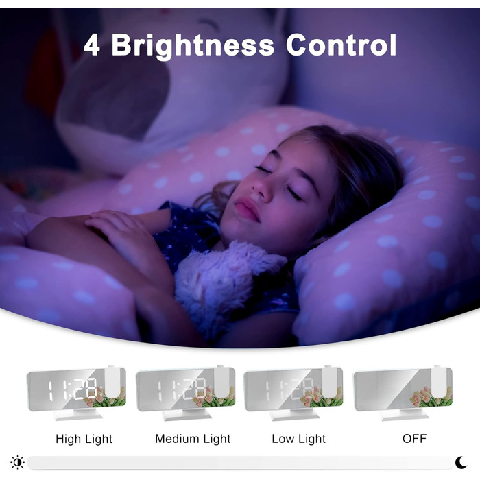 Exmate проекційний цифровий будильник з USB, дзеркальний LED-екран 7,5'', подвійний будильник, регульована яскравість, функція відкладення, білий з адаптером