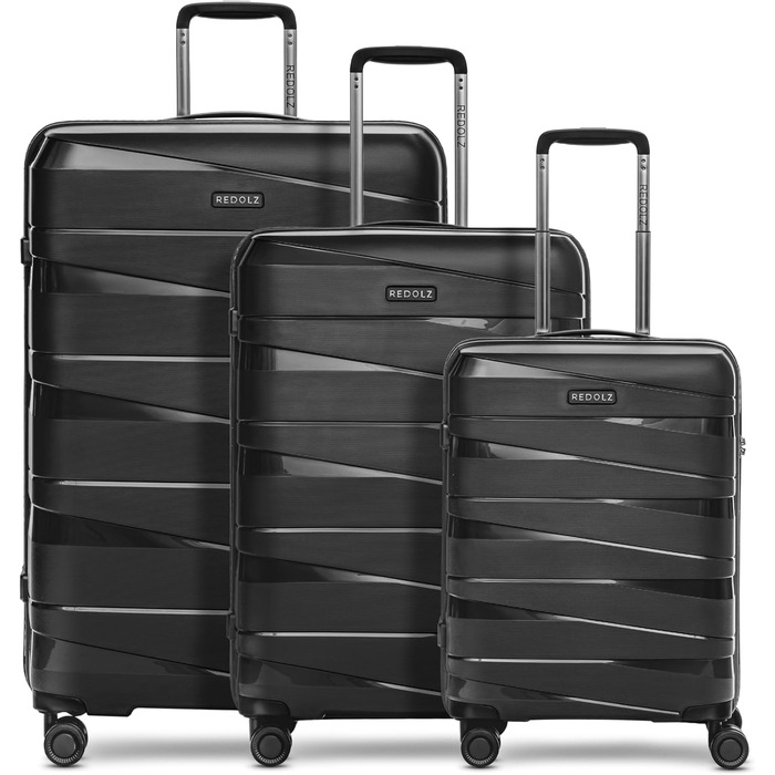 Жорсткий кабінний чемодан-тролей 40x20x55 см з поліпропілену, 4 колеса, TSA-замок, набір з 3-х, чорний металік
