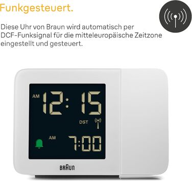 Проекційний радіо-годинник Braun BC15W-DCF з негативним LCD-дисплеєм, DCF, швидке налаштування та звуковий будильник, білий