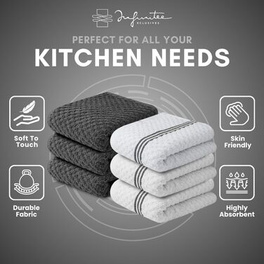 Преміальні кухонні рушники Infinitee, 6 шт., 100% бавовна, сірі, 38,1x63,5 см, махрові, для прибирання та сушіння посуду, щільність 425 г/м²