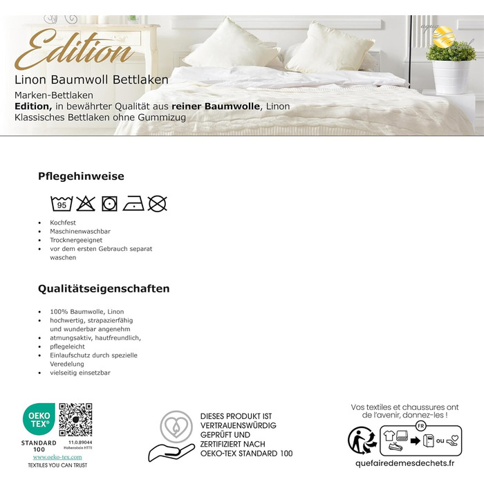 Простирадло без гумки aqua-textil Edition XXL 240x290 см, біле, бавовна, класичне простирадло для ліжка