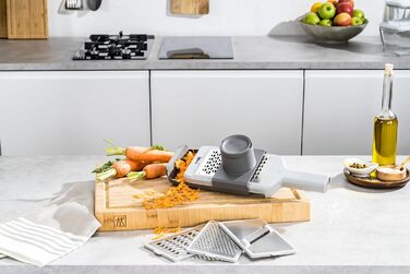 Терка кухонна ZWILLING Z-Cut, багатофункціональна, нержавіюча сталь, 4 змінні насадки, двостороннє натирання, з лотком, сіра