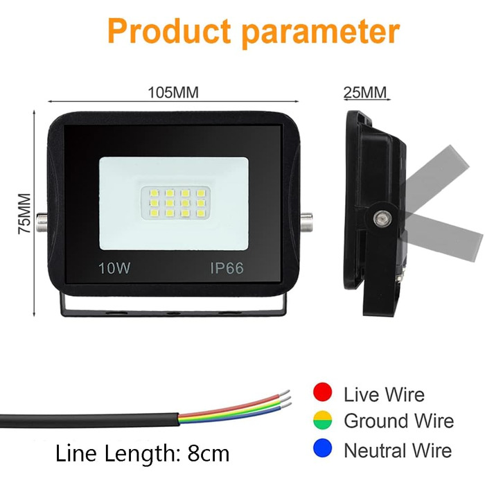 LED прожектор для вулиці 10W, 10 шт, IP66 водонепроникний, 8500Лм, холодне біле світло 6000K, кут 120°, для зовнішнього та внутрішнього використання