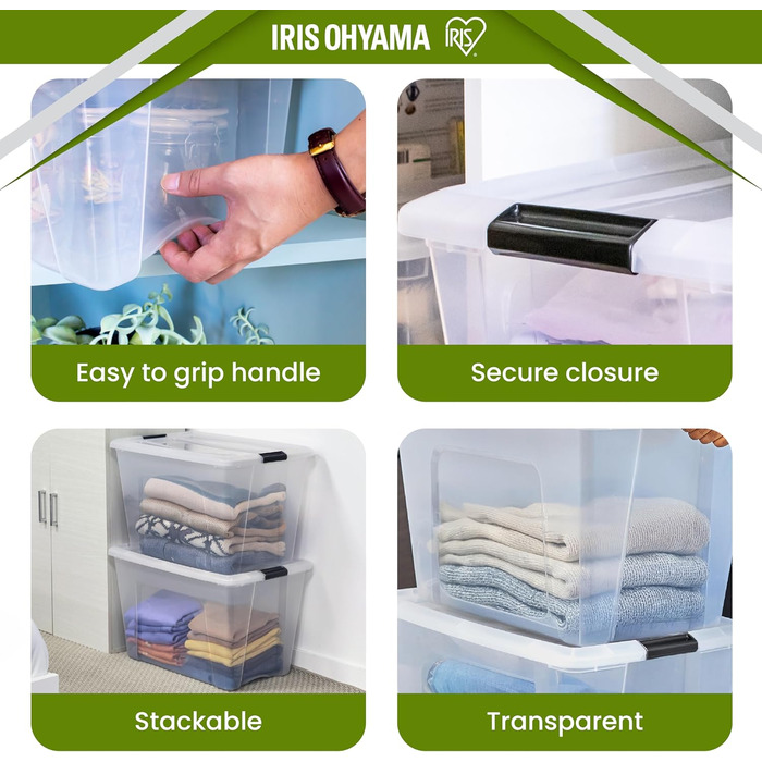 Пластикова коробка для зберігання Iris Ohyama TB-45 з кришкою, 55 л, прозора, 6 шт, з ручками та замками, міцна, для одягу, гаража, дому та офісу, штабельована