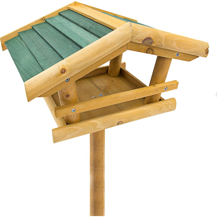 Дерев'яний годівничка для птахів Relaxdays з підставкою 100x37x43 см, натуральна, зелений дах, для кропив'янки і сойки, пташиний будиночок