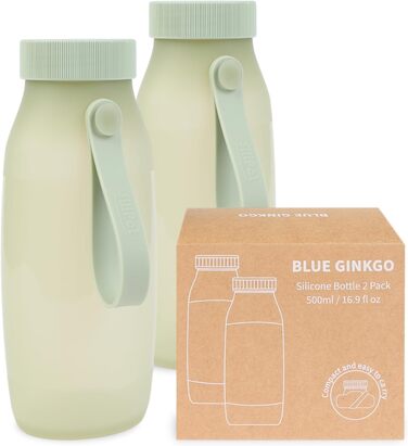Складані силіконові пляшки для води BLUE GINKGO, 500 мл, 2 шт, для подорожей, туризму, кемпінгу, легкі, вироблені в Кореї, оливковий/бежевий колір