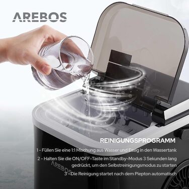 Льодогенератор Arebos 12 кг/24 год, R600a, 1,1 л, самочистка, тихий, з лопаткою та контейнером, чорний, 8 кубиків за 10 хв, льодогенератор зі скляним вікном