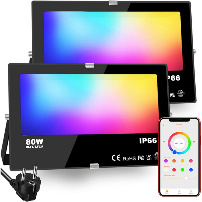 Світлодіодний RGB прожектор для вулиці 80W, з таймером, Bluetooth, IP66, водонепроникний, з режимом зміни кольору та DIY-ефектами