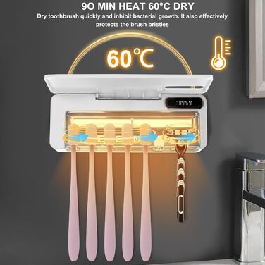 UV-стерилізатор для зубних щіток з тримачем на 6 щіток, сушінням, USB-зарядкою, настінний, 3 режими, білий