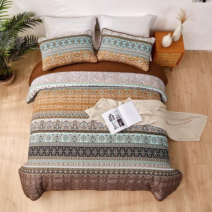 Покривало WONGS BEDDING 220x240 см Boho, стьобане, мікрофібра, 3 предмети: покривало та 2 наволочки 50x70, для двоспального ліжка, коричневе, для спальні чи дивана