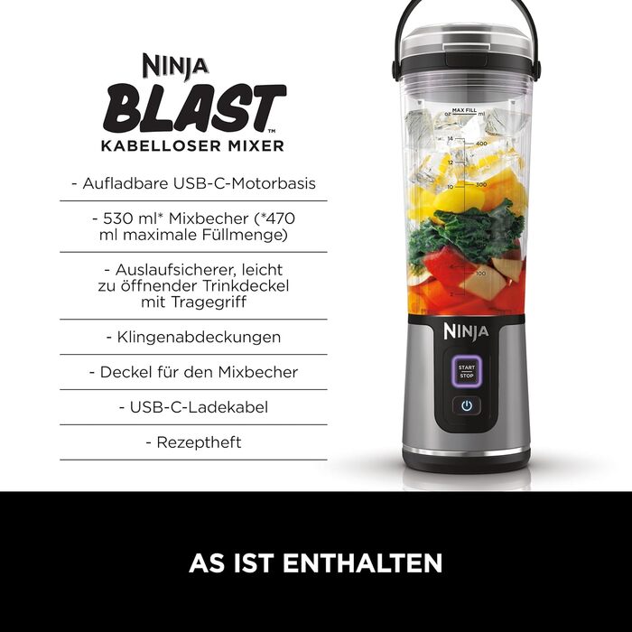 Портативний блендер Ninja Blast 530 мл, бездротовий, для смузі та подрібнення льоду, чорний