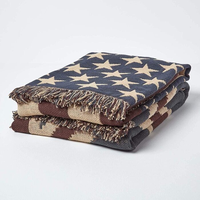 Плед Homescapes жакардовий Union Jack 150x200 см, бавовняний плед у вінтажному стилі, синьо-коричнево-кремовий, з китицями, британський дизайн, покривало на диван з бавовни