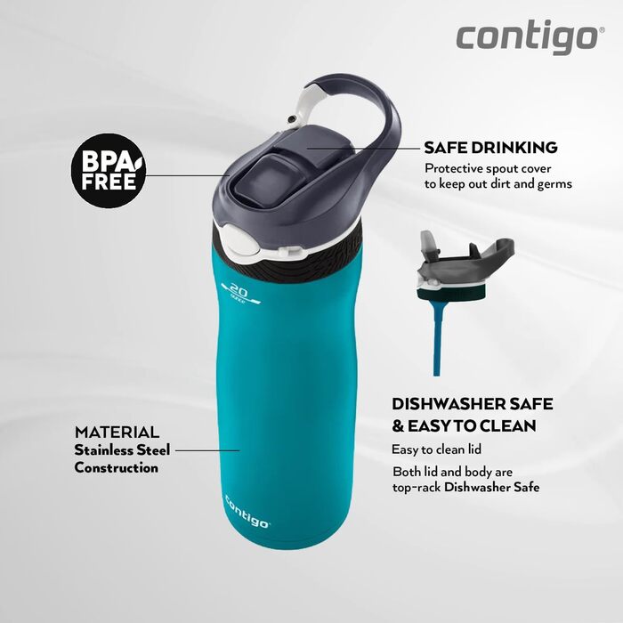 Термобутилка Contigo Ashland Chill з трубочкою, нержавіюча сталь, 590 мл, ізольована, для спорту, велосипеда, туризму, не протікає (Scuba)