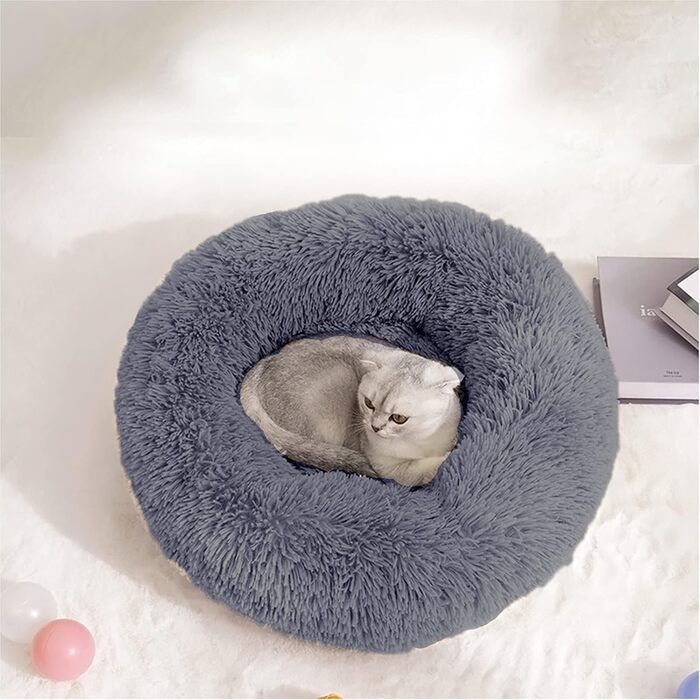 Ліжко для собак і котів Fireowl Donut 70 см, пухнасте, заспокійливе, кругле, плюшеве, антивтривожне, для цуценят і кошенят, сіре, можна прати