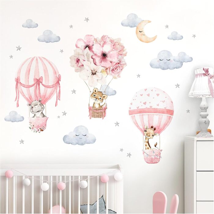 Настінний набір наклейок Little Deco для дитячої кімнати – тварини, повітряна куля, квіти, декор для стін, кімнати для дівчаток, DL658-4, розмір М (79x51 см)