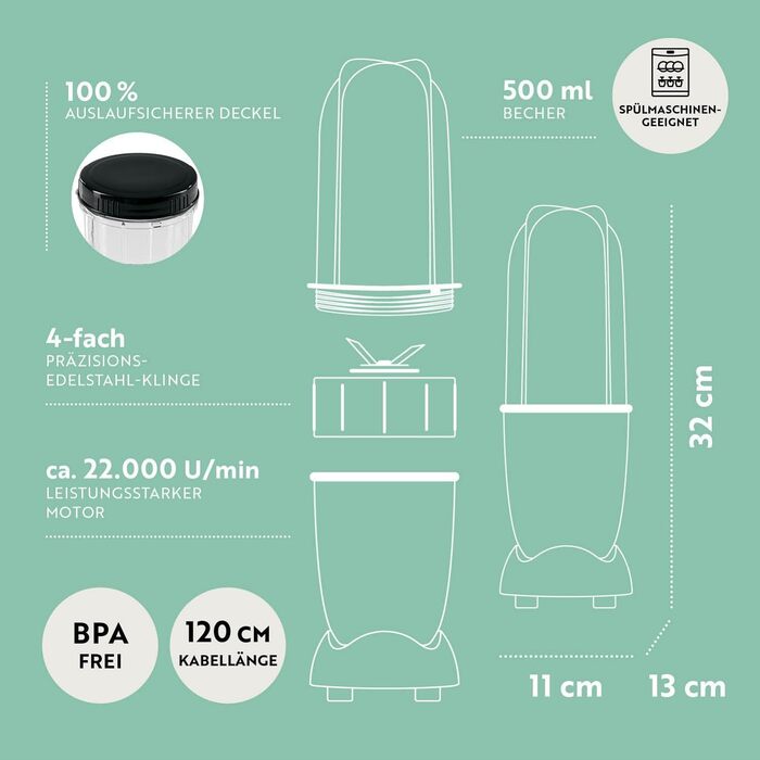 Блендер GOURMETmaxx Mr. Magic Mixer 4-в-1, міксер для смузі, подрібнювач, 8 функцій, з чашею та кришкою, для шейків, смузі, коктейлів