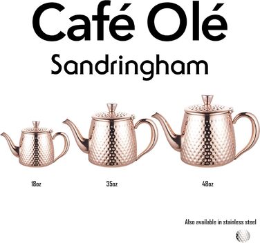 Чайник Café Olé Sandringham з ефектом кування, нержавіюча сталь 18/10 і мідна поверхня, 0.5 л, не протікає, порожнисті ручки