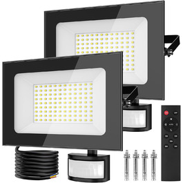 LED прожектори з датчиком руху та світла 100Вт, 2 шт, 6500K, IP66, з пультом, для вулиці, саду, гаража, спортмайданчика