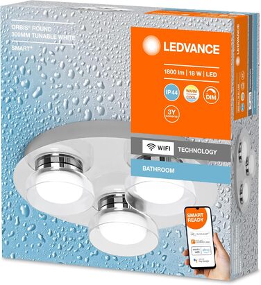 Розумна LED лампа LEDVANCE Orbis Round для ванної, 18Вт, 1800Лм, 3000-6500К, 30см, IP44, хром, диммована, WiFi, керування через додаток і голосових асистентів