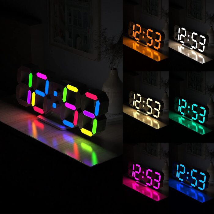 3D LED годинник-будильник EDUP HOME 9,7'' з RGB підсвіткою, безшумний, цифровий, USB, 7 кольорів, дата, температура, додаток і пульт, для спальні, вітальні, офісу