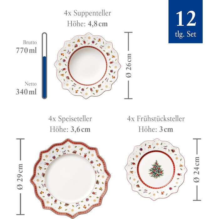 Набір новорічного посуду Villeroy & Boch Toy's Delight, 12 предметів, порцеляна, для 4 осіб (тарілки для основних страв, супу та сніданку)
