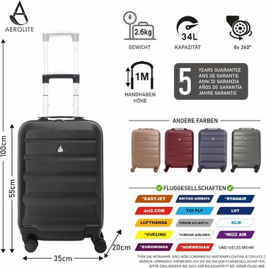 Валіза Aerolite XL 79 см, легка ABS, 4 колеса, чорна, жорсткий корпус, ручна поклажа 55 см