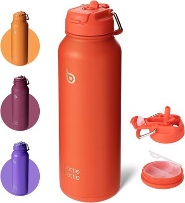 Термос-пляшка з трубочкою BOTTLE BOTTLE, спортивна нержавіюча пляшка 1 л з ручкою, для води, таблеток, біла/помаранчева