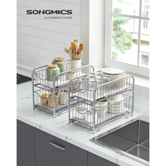 Органайзер для кухонної шафи SONGMICS, набір 2 шт., металевий кухонний стелаж, розширюваний, з кошиками, сріблястий