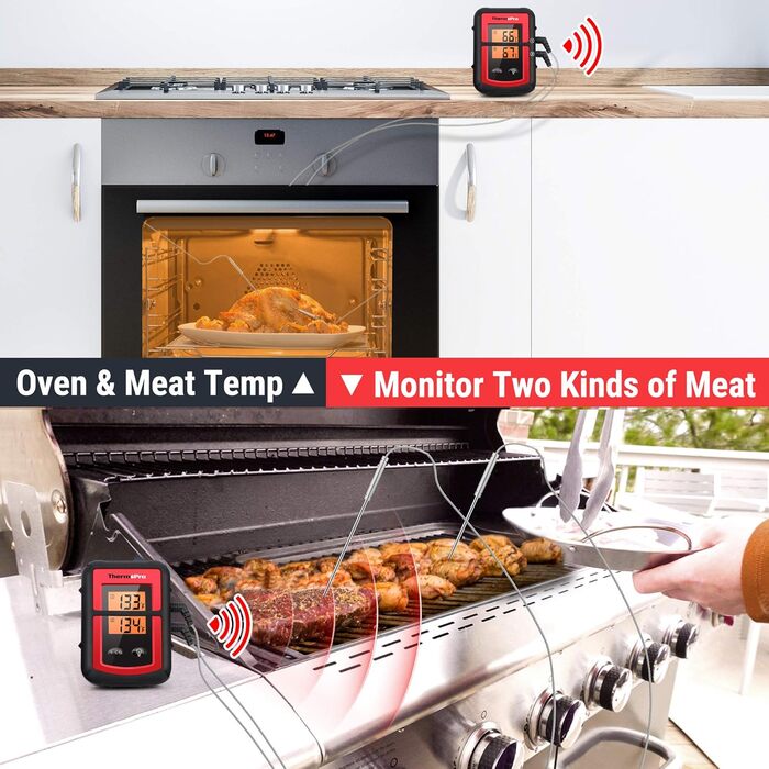 Цифровий термометр ThermoPro TP08C для м'яса та духовки з 2 датчиками, бездротовий кухонний термометр з таймером для BBQ, гриля, приготування їжі