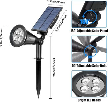LED садові сонячні прожектори T-SUN, 2 шт, 4 LED, холодне біле світло 6000K, для газону, доріжок, тераси, дві режими освітлення, вуличне безпекове освітлення