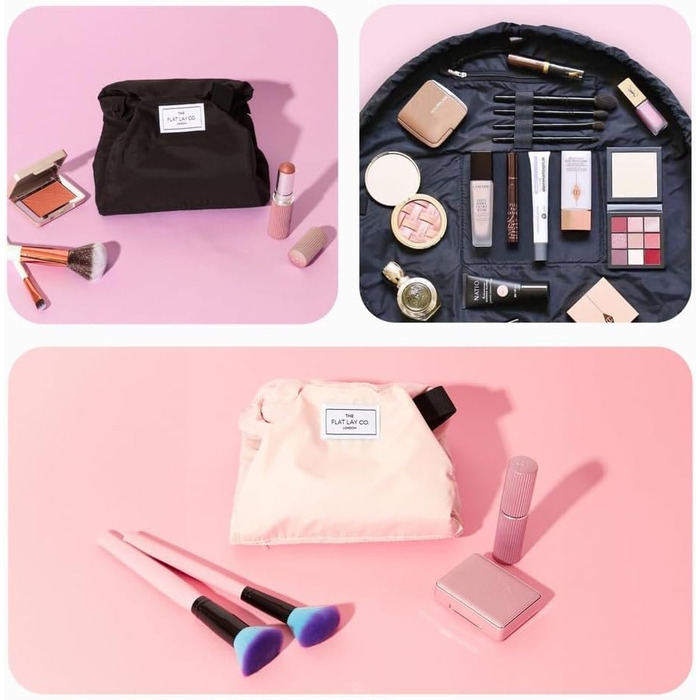 Косметичка-органайзер з шнурком The Flat Lay Co для подорожей, з тримачем для пензлів і кишенею на блискавці, класичний чорний колір