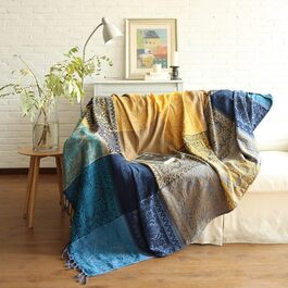 Плед ELEOPTION з мікрофібри Chenille, жакардовий з китицями, декоративний покривало для ліжка, дивану, крісла, народний етно орнамент, синій, 220x250 см