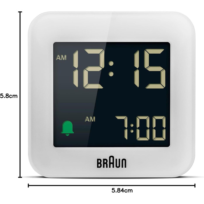 Цифровий дорожній будильник Braun BC08W з функцією відстрочки, компактний, негативний LCD-дисплей, швидке налаштування, наростаючий сигнал, білий