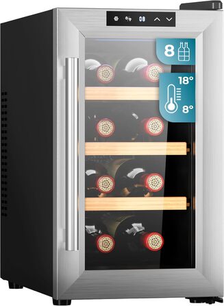 Термелектрична винна шафа Cecotec Bolero GrandSommelier 830 CoolWood на 8 пляшок, низький рівень шуму, регулювання температури 8-18°C, сенсорне управління, енергоощадна