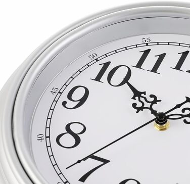 Великий настінний годинник Plumeet 25 см, класичний, безшумний, сріблястий, арабські цифри, для вітальні та спальні, батарейковий
