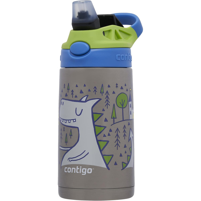 Дитяча пляшка для води Contigo Easy Clean Autospout з трубочкою, нержавіюча сталь, без BPA, 100% герметична, легке очищення, 420 мл, для школи, садка, спорту (Matcha Dragon)