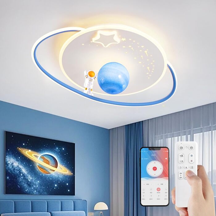 Дитяча стельова LED-лампа RRBEST Місяць та астронавт, диммована з пультом, біло-синя, для хлопчиків і дівчаток, 50 см, сучасний дизайн, декор для дитячої кімнати
