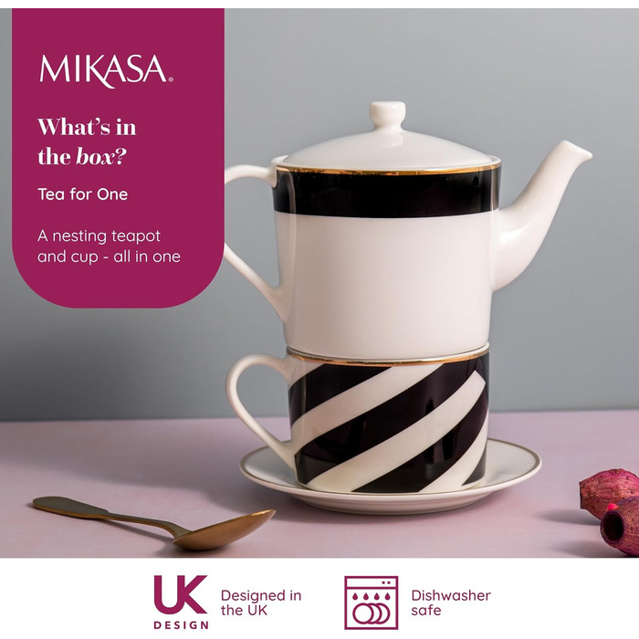 Порцеляновий чайний сервіз Mikasa Luxe Deco для однієї особи, з чайником, чашкою та блюдцем, компактний, підходить для посудомийної машини