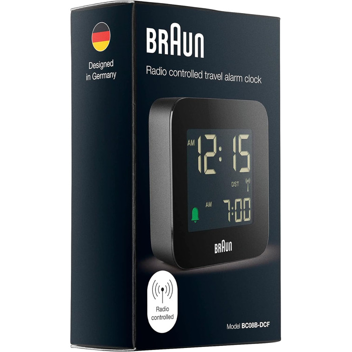 Цифровий дорожній будильник Braun BC08B-DCF, чорний, з функцією відкладення, компактний, негативний LCD-дисплей, гучний наростаючий сигнал, для Центральноєвропейського часового поясу