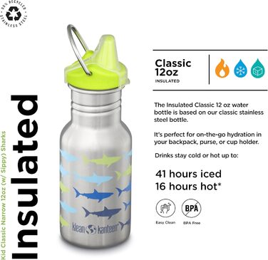 Пляшка для води Klean Kanteen Classic Narrow 355 мл з малюнком «Акули», нержавіюча сталь, для дітей та дорослих