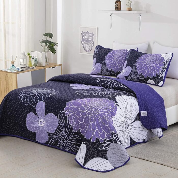 Покривало WONGS BEDDING 220x240 см, лілове, квітковий принт, мікрофібра, літнє стьобане покривало для двоспального ліжка + 2 наволочки 50x75 см