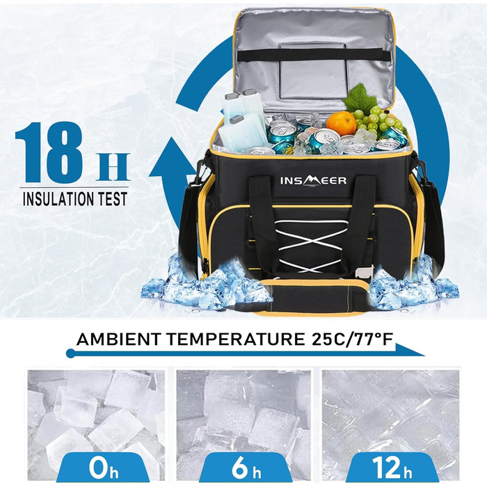Велика ізотермічна сумка-холодильник INSMEER 45 л, складна, для напоїв та продуктів, місткість 55 банок, герметична, з відкривачкою, для пікніка, кемпінгу, пляжу, жовта