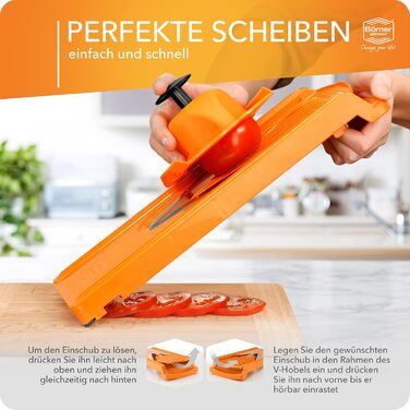Овочерізка Börner V3 Profi Set — універсальна кухонна терка для нарізки скибочками, соломкою, кубиками, з регульованим V-подібним лезом з нержавіючої сталі, помаранчева