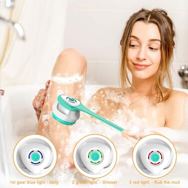 Електрична щітка для тіла та спини з 5 насадками, водонепроникна IP67, довга ручка, 3 швидкості, для пілінгу, масажу, душу, SPA, зелена