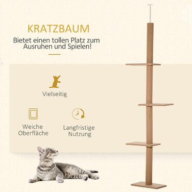 PawHut Котячий комплекс-дерево до стелі, 228-260 см, регульований, 3 рівні, ігровий та кігтеточка для котів, коричневий